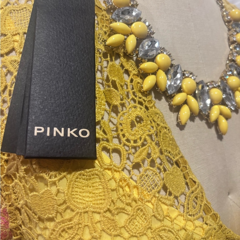 NWT PINKO Macramé Lace Midi Dress – Yellow Lace Dress – Luxury Italian Style - Picture 8 of 10